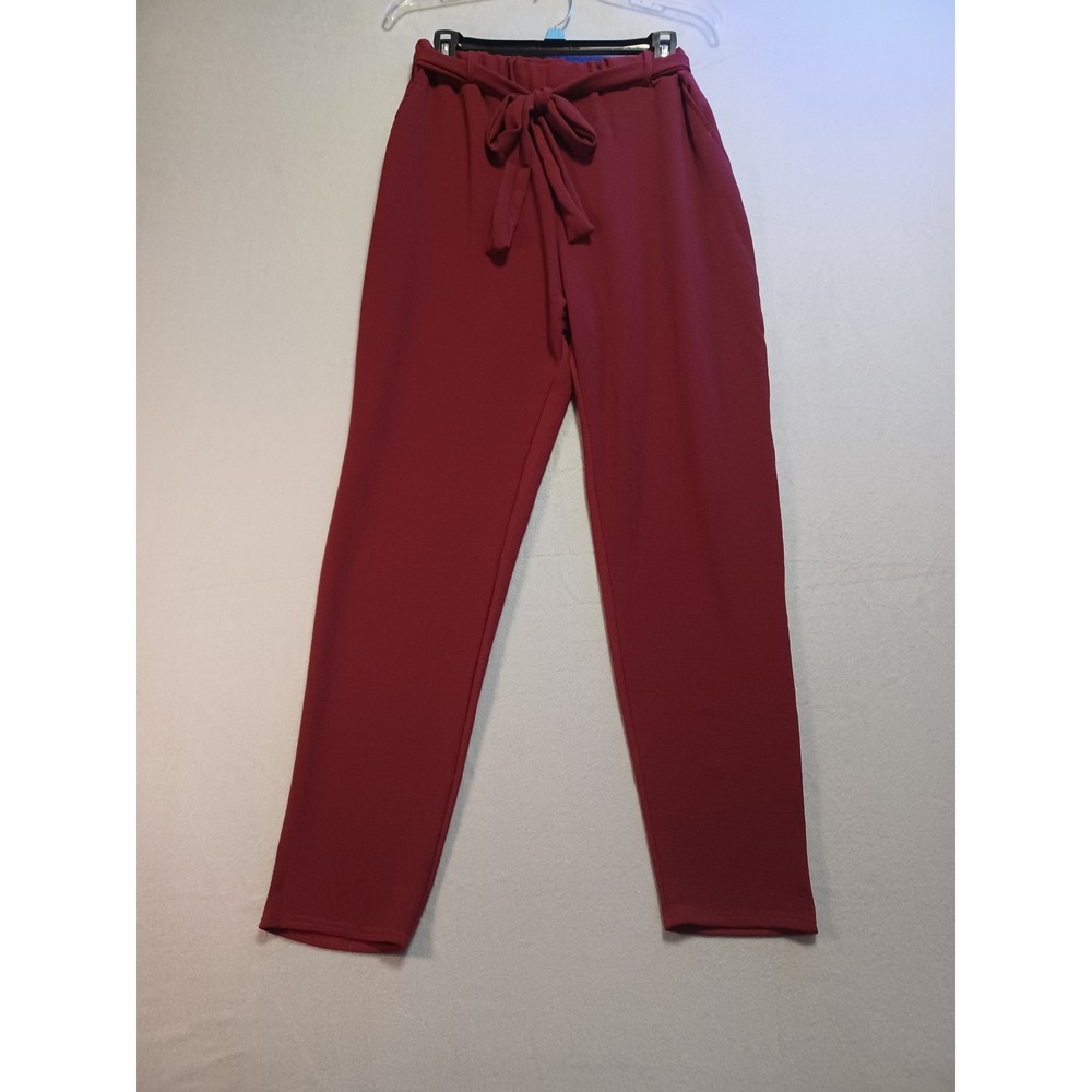 Boohoo Burgundy High Waisted Tapered Tie Waist Trousers Pants USA 10